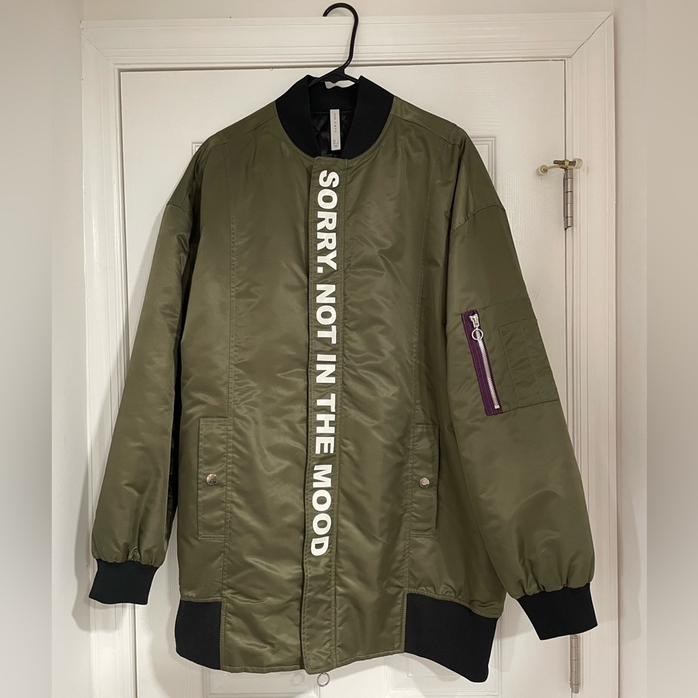 Mens Zara green bomber jacket “not in the mood”